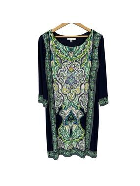 Sandra Darren 3/4 Sleeve Shift Dress Sz 14 Navy Multicolour Floral Paisley EUC